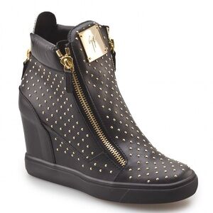 Giuseppe Zanotti Wedge Sneaker Black Leather Gold Studded Boots Heels 39.5 9